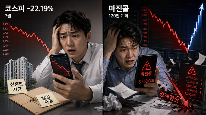 7월 코스피 급락과 마진콜 사태로 신혼집·창업 자금을 주식에 넣은 개인투자자들의 손실이 커진 상황을 표현한 이미지. ChatGPT 생성 이미지