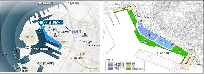 인천항 내항 1·8부두 재개발사업이 20년 가까운 표류 끝에 올해 말부터 본격적인 공사에 들어갈 전망이다. 사진은 인천항 내항 1·8부두 재개발사업의 위치도와 토지이용계획. 인천시 제공.