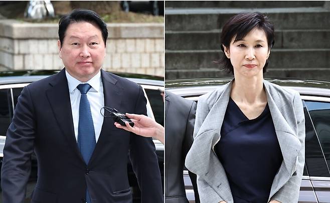 최태원 SK그룹 회장과 노소영 아트센터 나비 관장의 재산분할 소송 파기환송심에 앞서 지난 6월 진행된 변론기일에 출석하는 최 회장과 노 관장./연합뉴스