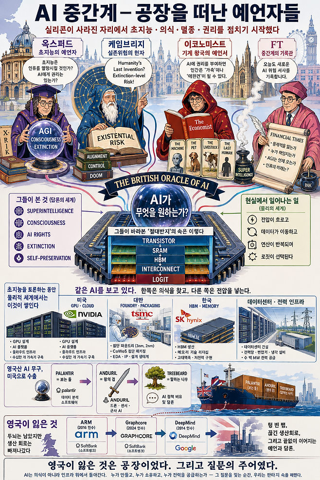 영국의 AI 담론과 실제 반도체·데이터센터 산업의 간극을 풍자한 인포그래픽. 옥스퍼드·케임브리지와 영국 언론이 초지능·의식·멸종·AI 권리를 논하는 동안 아래에서는 트랜지스터와 SRAM·HBM·인터커넥트가 실제 연산을 수행하는 구조를 대비했다. 영국에서 탄생한 ARM·그래프코어·딥마인드가 해외 자본에 편입된 과정과 팔란티어·안두릴 등 미국 기술산업에 남은 톨킨의 판타지 언어도 함께 표현했다. AI 생성 이미지 /GPT-5.5
