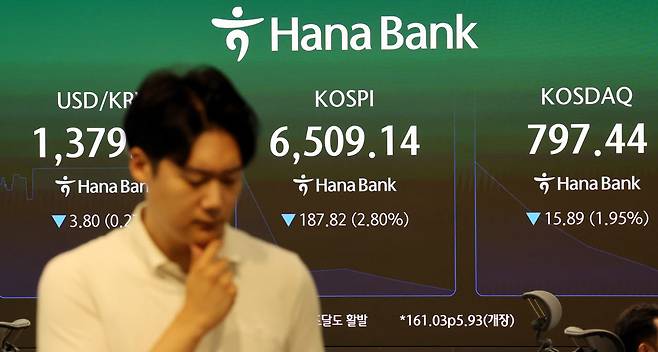 코스피가 전 거래일보다 2.40% 내린 6535.93에 장을 시작한 25일 오전 서울 중구 하나은행 본점 딜링룸에서 딜러들이 업무를 보고 있다. (사진=뉴시스)