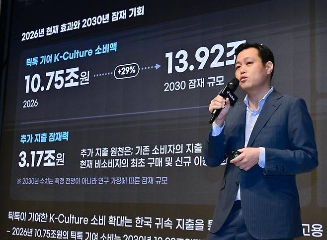 26일 엘리에나 호텔 서울강남에서 열린 ‘K-컬처 온 틱톡’ 기자간담회에서 커니의 정태환 파트너가 리포트의 주요 내용을 발표하고 있다. /사진:틱톡코리아