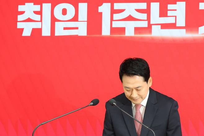 장동혁 국민의힘 대표가 26일 서울 영등포구 중앙당사에서 당대표 취임 1주년 기자회견을 하고 있다. ⓒ 시사저널 박은숙