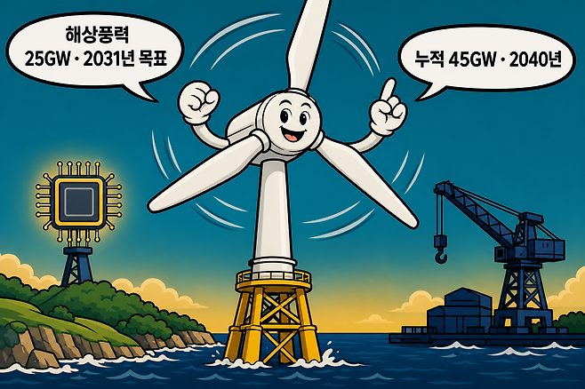 정부가 제1회 해상풍력발전위원회에서 2031년까지 25GW 규모 해상풍력 예비지구를 지정하는 계획입지 도입 방안을 의결했다. 2040년 누적 45GW 보급을 목표로 한다. 인공지능(AI) 플랫폼 ‘세계온(SEGYE.On)’으로 생성