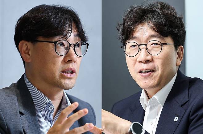 육동휘 KB자산운용 ETF상품마케팅본부장(왼쪽)과 최홍석 우리자산운용 ETF솔루션본부장(오른쪽). 김경록·김종호 기자