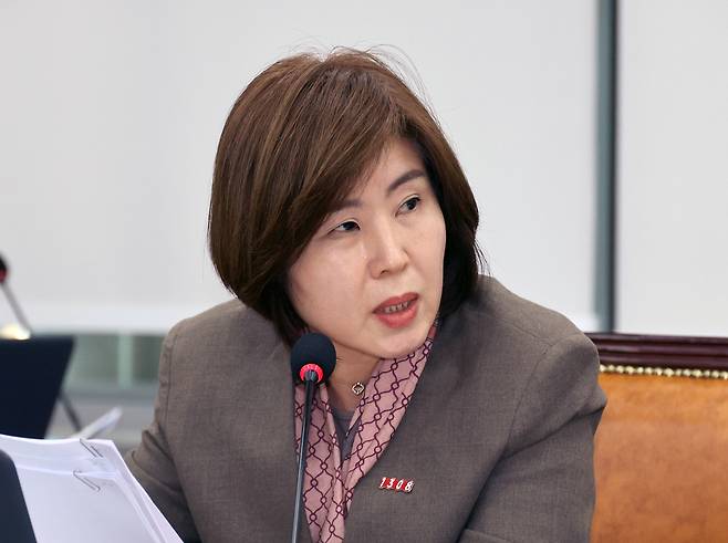 김미애 국민의힘 의원이 28일 서울 여의도 국회에서 열린 국정감사에서 질의를 하고 있다. 뉴시스