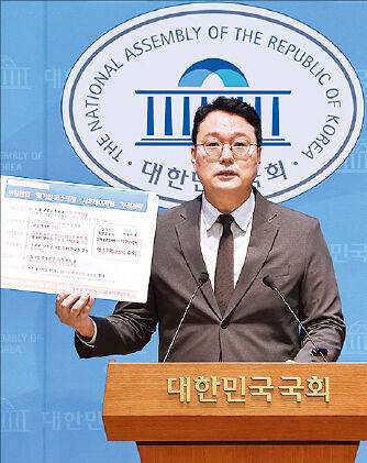 천하람 개혁신당 대표 권한대행 겸 원내대표가 6일 국회 소통관에서 기자회견을 열고 강신철 국방부 장관 후보자의 서초구 소재 아파트 부정 청약 의혹을 제기하고 있다. 연합뉴스