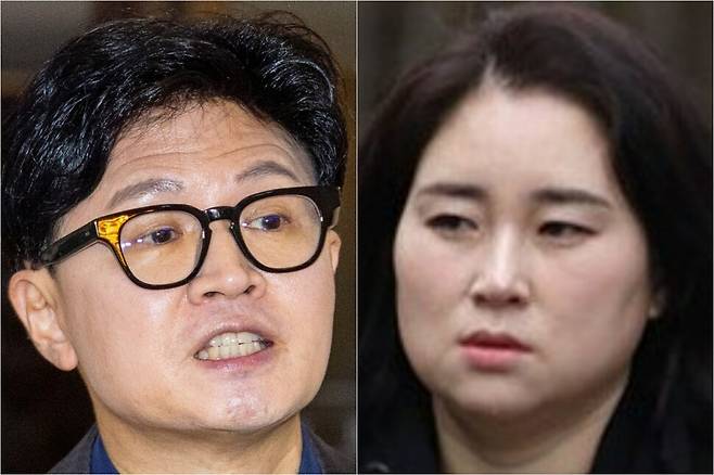 (왼쪽) 한동훈 무소속 의원이 7일 국회에서 열린 본회의에 참석하기 위해 국회 본청에 들어서다 취재진과 만나 연일 제기하고 있는 김승원 법무부 장관 후보자 의혹과 관련한 질문에 답하고 있다. 연합뉴스 (오른쪽) 김계리 변호사. 공동취재사진