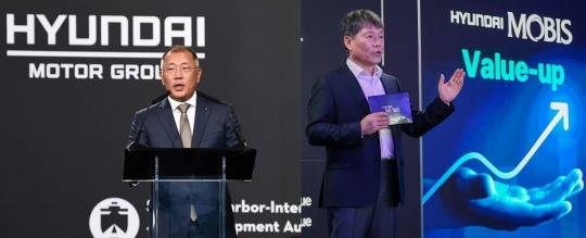 정의선 현대차그룹 회장(왼쪽)과 이규석 현대모비스 대표이사. / 사진=현대차그룹, 현대모비스