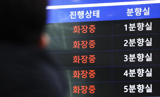 경기도의 한 화장장 내 전광판. 연합뉴스