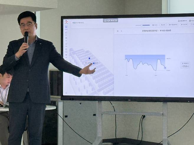 윤철주 CJ대한통운 FT(Fulfillment & Terminal)본부장이CJ대한통운 TES물류기술연구소가 개발한 온ㆍ습도 관제 시스템‘로이스 온도(LoIS OnDo)’를 설명하고 있다. /사진: 문수아기자