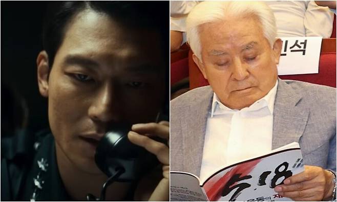 영화 ‘서울의 봄’에서 극중 전두광(배우 황정민) 보안사령관의 비서실장으로 육군 통신 감청을 맡았던 문일평(배우 박훈) 대령. 오른쪽은 8월13일 이진숙 국민의힘 의원이 국회에서 주최한 ‘5·18 민주화운동의 재조명 국회 공개 포럼’에 참석한 허화평 미래한국재단 이사장. ‘서울의 봄’ 영화 스틸컷 갈무리, 김정효 기자 hyopd@hani.co.kr