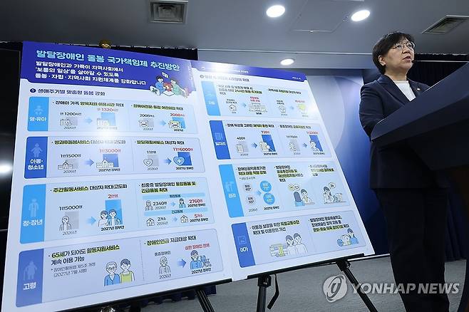 발달장애인 돌봄 국가 책임제 추진방안 발표하는 정은경 장관 (서울=연합뉴스) 안정원 기자 = 정은경 보건복지부 장관이 10일 서울 종로구 정부서울청사에 발달장애인 돌봄 국가 책임제 추진방안을 브리핑하고 있다. 2026.9.10 jeong@yna.co.kr