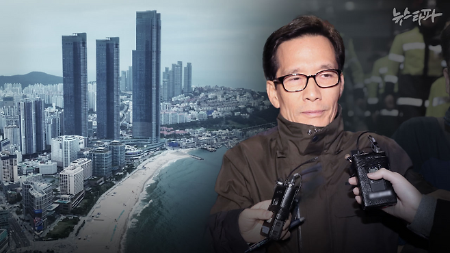 부산 해운대구에 있는 초고층 빌딩 엘시티(LCT, 왼쪽)와 엘시티를 시행한 부동산 개발업자 이영복(오른쪽)의 모습.