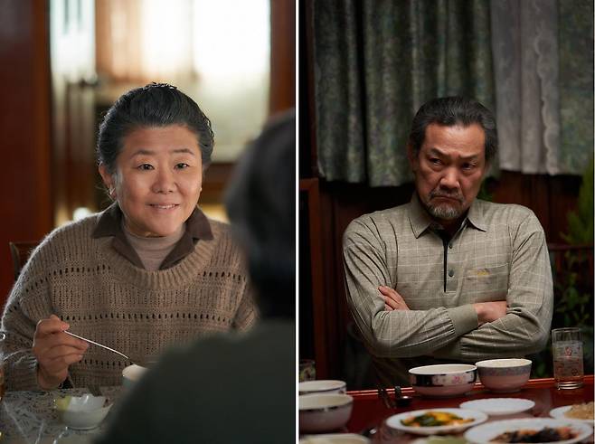 숏 드라마로 촬영한 후 세로형 영화로 재탄생한 '아버지의 집밥'의 순애(이정은)와 하응(정진영). 레진스낵 제공