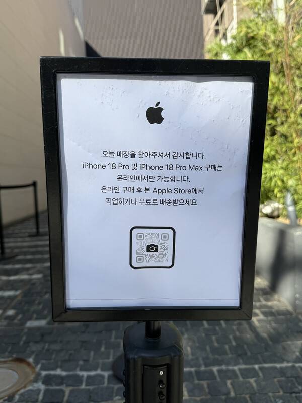 18일 서울 강남구 애플 가로수길 앞에 아이폰18 프로·프로맥스의 매장 현장 구매가 불가능하다는 안내문이 설치돼 있다. 안내문에는 "아이폰18 프로 및 아이폰18 프로맥스 구매는 온라인에서만 가능하다"며 온라인 구매 후 매장에서 제품을 픽업하거나 배송받으라고 적혀 있다. /IT조선