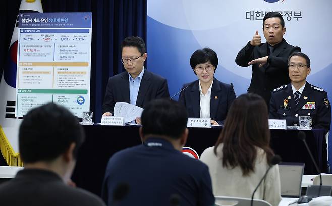 “4개 시도경찰청에 전담 수사팀” 원민경 성평등가족부 장관(가운데)과 유재성 경찰청장 직무대행(오른쪽), 신영규 방송미디어통신위원회 방송통신이용자정책국장이 지난달 20일 정부서울청사에서 ‘불법사이트 통합 대응 방안’을 발표하고 있다. 연합뉴스