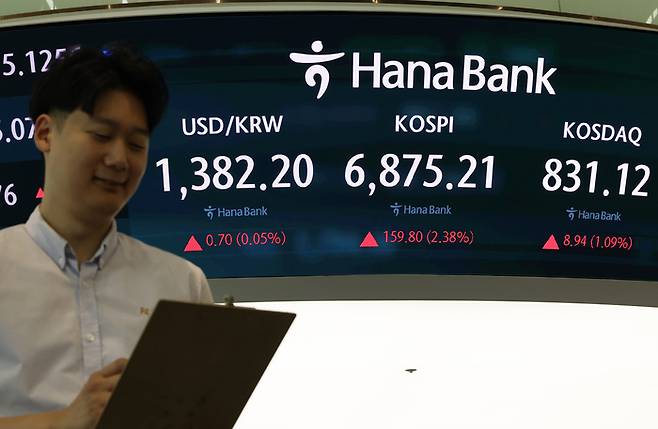 지난 9월 18일 서울 중구 하나은행 딜링룸에서 직원이 업무를 보고 있다. 이날 코스피는 2% 넘게 상승 출발해 장 초반 6800대를 회복했다. (연합뉴스)