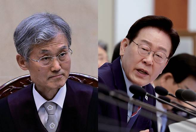 조희대 대법원장이 2025년 5월1일 이재명 당시 대선후보의 공직선거법 위반 상고심을 진행하고 있다(왼쪽). 이재명 대통령이 5월12일 청와대에서 열린 국무회의 겸 비상경제점검회의에서 발언하고 있다.ⓒ사진공동취재단·연합뉴스