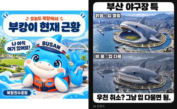 ▲ 부산시설공단이 북항친수공원에 출현한 상어를 '부캉이'로 부르며 SNS에 상어의 근황을 알리고 있다(왼쪽 사진), 부산 동구 북항 일대에 상어 모양 야구장을 건립해야 한다는 내용의 밈이 SNS에 올라있다. 사진=부산시설공단 페이스북, SNS 갈무리