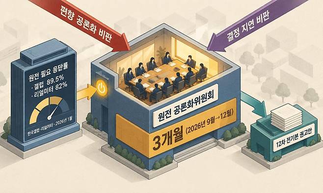 정부가 3개월간 원전 공론화를 추진하겠다고 발표했으나, 시민단체의 '편향' 비판과 '결정 지연' 비판이 동시에 제기되는 상황을 형상화한 이미지. 여론조사(89.5%, 82%)에서 공론화위원회를 거쳐 12월 권고안으로 이어지는 정책 프로세스 속에서 양측의 압력이 작용하는 구조적 긴장을 나타낸다. 인공지능(AI) 플랫폼 ‘세계온(SEGYE.On)’으로 생성