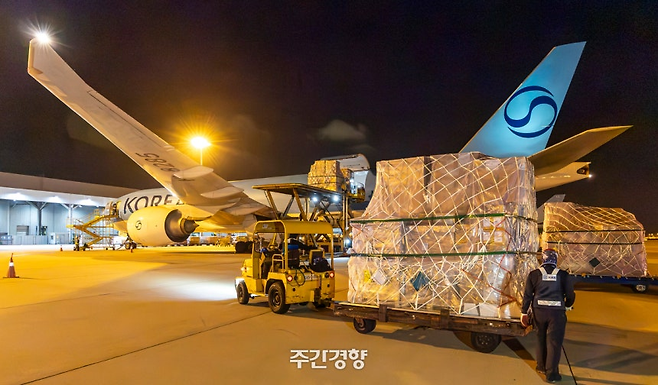 7월 30일 인천국제공항 대한항공 화물터미널에서 관계자들이 삼성전자와 SK하이닉스의 반도체를 항공기에 탑재하고 있다. 공동취재사진