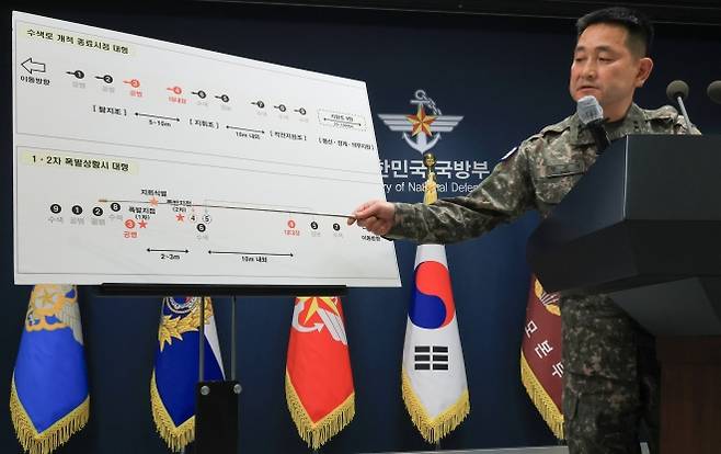 양진혁 합동참모본부 작전부장이 28일 서울 용산구 국방부에서 열린 ‘비무장지대 지뢰 추정 폭발 사고’ 관련 브리핑에서 관련 자료를 설명하고 있다. 2026.9.28 연합뉴스