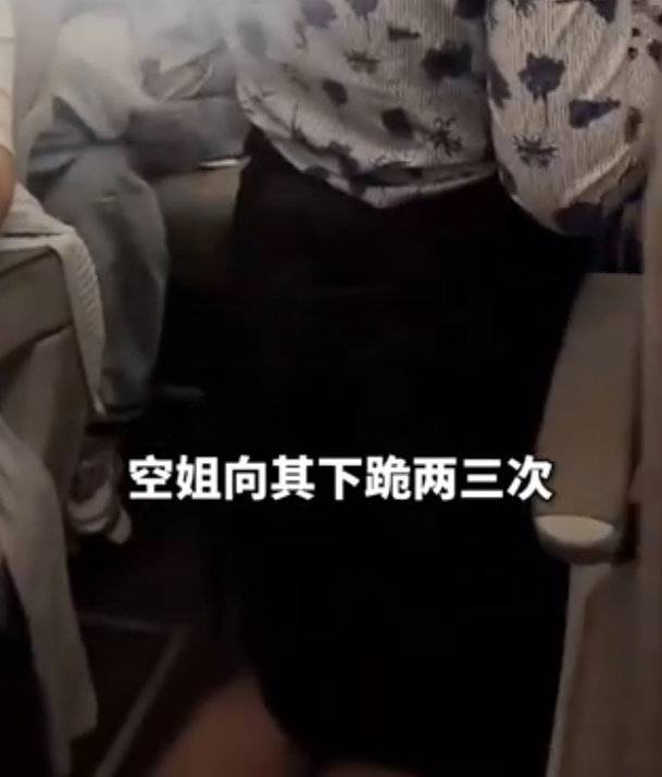 승객 앞에 무릎 꿇은 승무원. 더우인 캡처