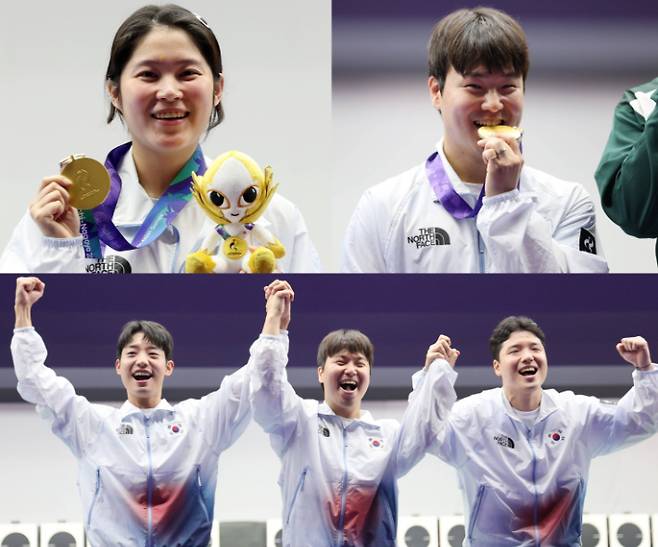 한국 사격 금메달리스트. 사진 맨 위 왼쪽부터 시계방향으로 추가은, 이건혁, 남자 25m 속사권총 단체전 금메달리스트(왼쪽부터 송종호·이건혁·윤서영). 연합뉴스