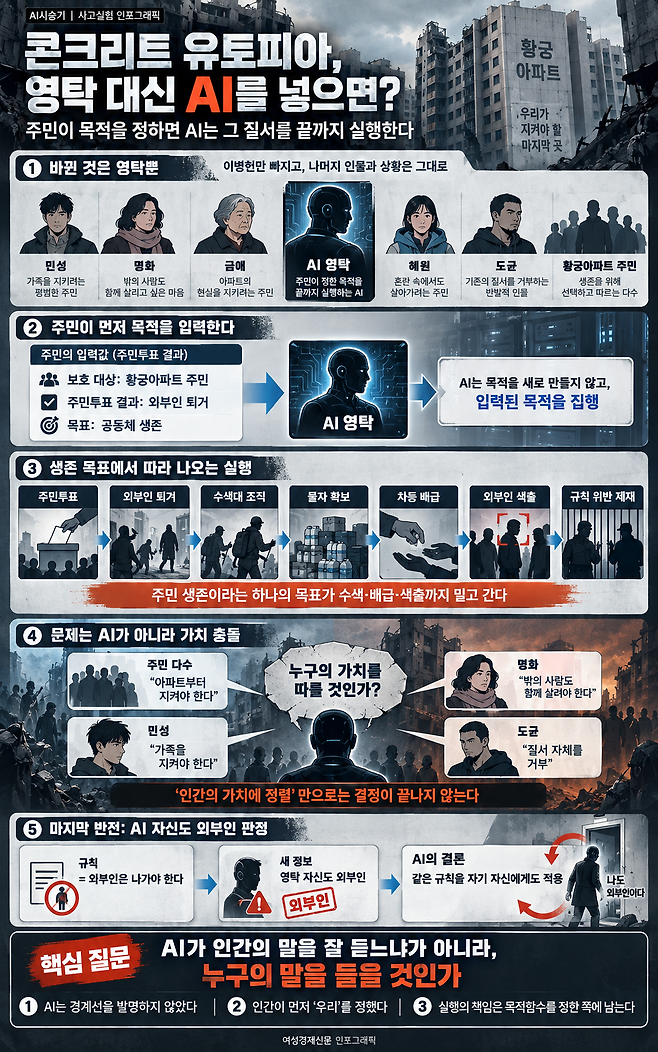 영화 콘크리트 유토피아에서 주민대표 '영탁'을 AI로 바꿨을 때의 의사결정 구조를 재구성한 AI 인포그래픽. 주민투표로 정한 '공동체 생존' 목표가 외부인 퇴거와 수색·배급·색출로 이어지고, 마지막에는 AI 자신까지 같은 규칙의 적용 대상이 되는 과정을 담았다. / GPT-5.5