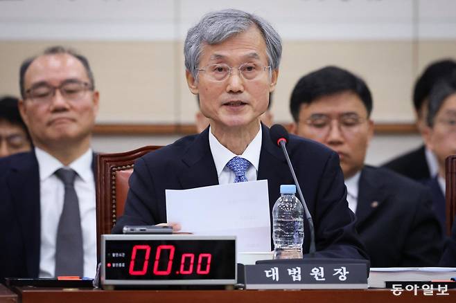 조희대 대법원장이 6일 대법관 재제청 요구 거부 및 선서와 증인 거부 사유 등을 밝히고 있다. 박형기 기자 oneshot@donga.com