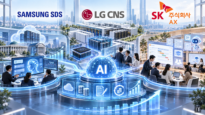 삼성SDS, LG CNS, SK AX가 AI 인프라와 기업용 소프트웨어, 업무 자동화 등으로 AI 사업 수익 확대를 모색하는 모습을 표현한 이미지 / 챗GPT 생성