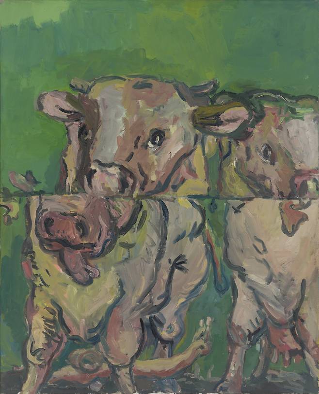 나뉜 소 두 마리 I, 1966. 캔버스에 유화 물감, 160 × 130 cm. 개인 소장. © Georg Baselitz 2026. Photo Jochen Littkemann.