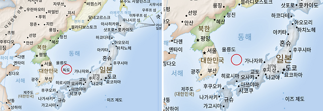 지난 9월 6일 이퀄 어스 공식 홈페이지에 게시된 세계지도 한국어판(왼쪽)에는 울릉도 옆에 독도가 표시돼 있지만 10월 8일 지도에는 독도 섬이 아예 사라진 상태다. 전남광주실천교사 제공
