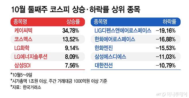 10월 둘째주 코스피 상승·하락률 상위 종목/그래픽=김지영