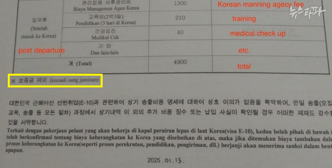 2025년 1월 13일자로 서명된 한 인도네시아 선원의 '송출비 내역 확인서'에는 '보증금 제외'라는 문구가 적혀 있다. (출처: 공익법센터 어필)
