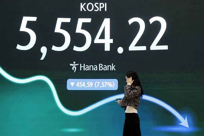 인공지능(AI) 산업 수익성 논란 재점화 등으로 코스피와 코스닥이 폭락한 15일 서울 중구 하나은행 딜링룸에 코스피·코스닥 종가가 표시돼있다. 최현규 기자