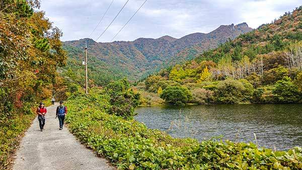 홈골저수지 너머로 옹골찬 수인산의 암릉이 보인다.