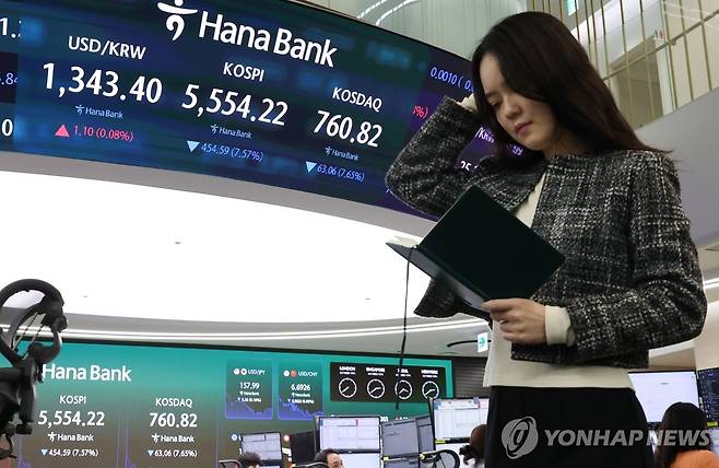 코스피와 코스닥 지수가 폭락한 15일 서울 중구 하나은행 딜링룸 현황판에 코스피·코스닥 종가가 표시돼있다. 연합뉴스