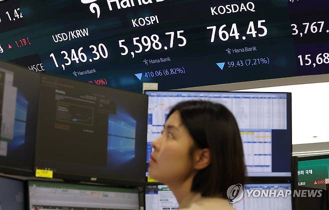코스피, 장중 5,500대 (서울=연합뉴스) 이진욱 기자 = 15일 서울 중구 하나은행 본점 딜링룸 전광판에 코스피와 코스닥, 원/달러 환율이 표시돼 있다. 이날 코스피는 전일(6008.81) 대비 335.8p(5.59%) 내린 5673.01로 개장했다. 2026.10.15 cityboy@yna.co.kr