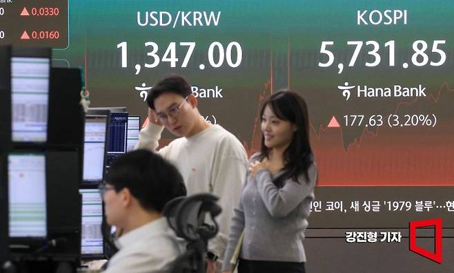 코스피가 전날까지 이어진 급락세를 딛고 1%대 상승 출발한 16일 서울 중구 하나은행 딜링룸 전광판에 국내증시 현황이 표시돼 있다. 2026.10.16. 강진형 기자