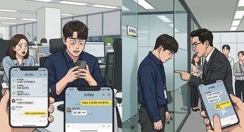 "자네는 매일 내 뒷담화 하나?" 직장에서 잘못된 카톡을 보낸 상황을 한국관계심리연구소가 AI로 제작한 이미지
