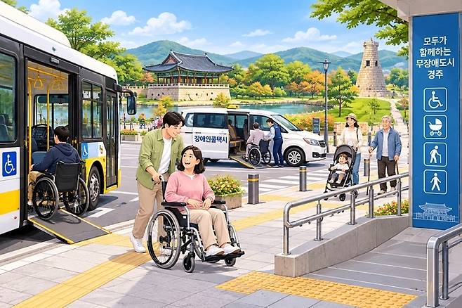 ▲ 경주시가 오는 2028년까지 46억 4000만 원을 투입해 보행환경 개선과 장애인 이동편의 확충 등 '무장애도시 조성사업'에 본격 나선다. 사진은 장애인과 비장애인 모두가 안전하고 편리하게 생활하는 모습을 표현한 AI 생성 이미지. 경주시