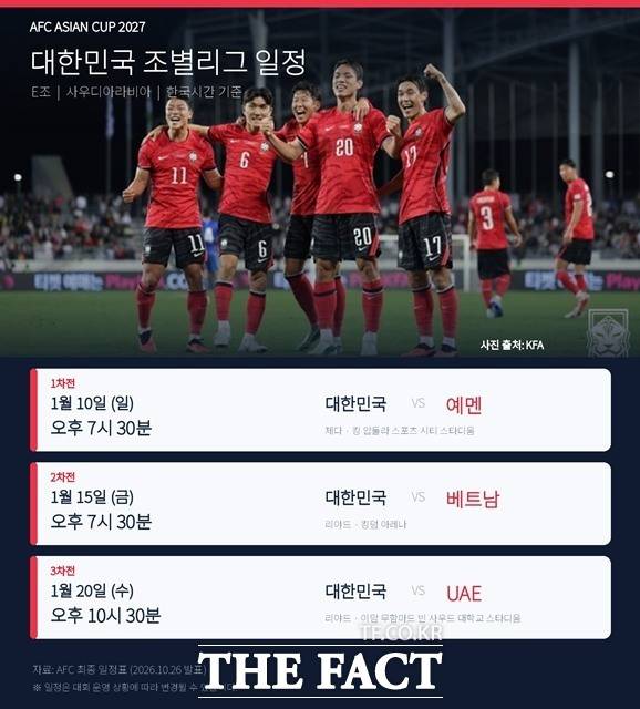 한국축구대표팀의 2027 아시안컵 조별리그 일정./AFC