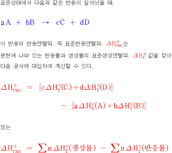 표준생성엔탈피를 이용한 표준반응엔탈피의 계산