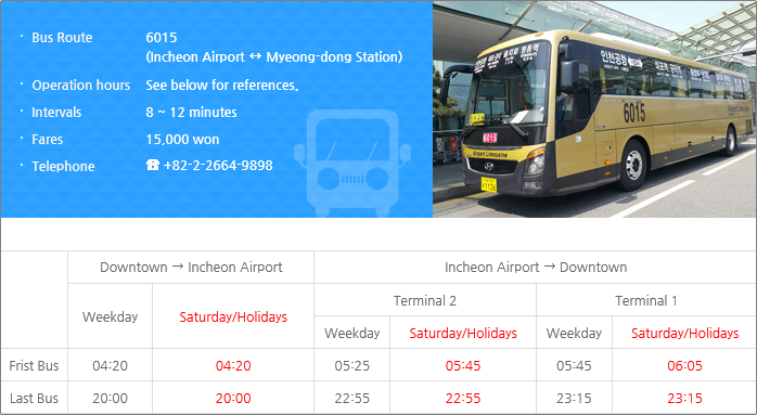 6015 Airport Bus Fares,Schedule,Route(Seoul Myeong-dong ↔ Incheon Airport)