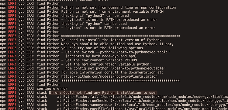 맥(mac)에서 npm i 오류 Error: Could not find any Python installation to use