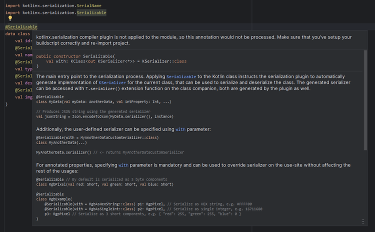 에러: kotlinx.serialization compiler plugin is not applied to the module, so this annotation would not be processed. Make sure that you've setup your buildscript correctly and re-import project.