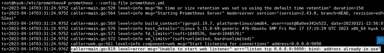Prometheus caller=main.go:819 level=error msg="Unable to start web listener" err="listen tcp 0.0.0.0:9090: bind: address already in use" 에러 해결