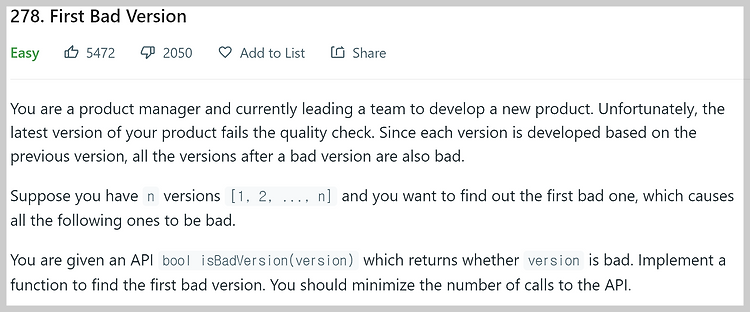 LeetCode 문제 풀어보기 - 278번 First Bad Version